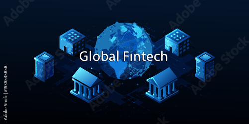Isometric illustration of global fintech with buildings and a world globe