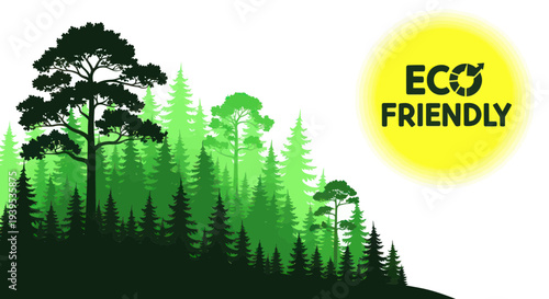 Eco Friendly Forest Silhouette with Sun and Recycling Symbol