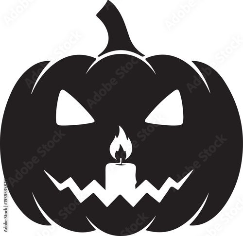 Spooky halloween pumpkin face with candle light inside isolated on transparent background