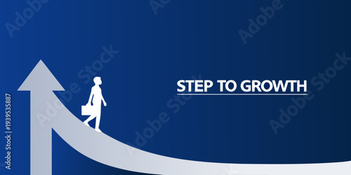 A businesswoman climbs an arrow representing growth and professional advancement