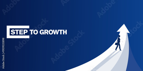 Step to growth a person climbing a white arrow on blue background