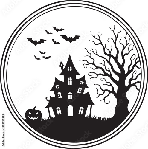 Spooky halloween scene with house tree bats and pumpkin in circular frame