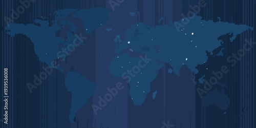 A dark blue world map with scattered white points representing locations