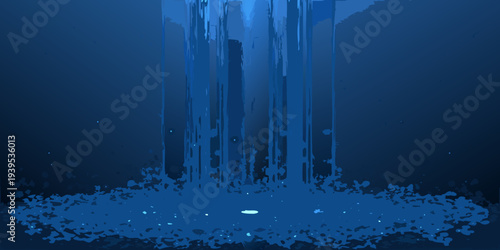 An underwater scene depicting a dark blue cave with a light source
