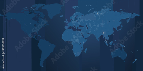 A dark blue world map with illuminated city locations displayed globally