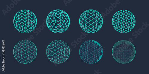 Geometric egg shapes evolving through a series of networked turquoise designs