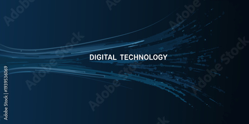Abstract blue background with flowing lines and digital technology text