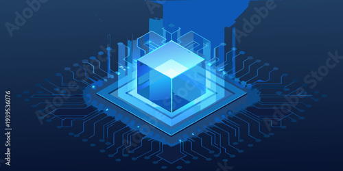 Abstract glowing crystal formation with intricate circuit board design