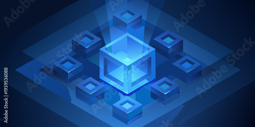 Abstract glowing blue cubes forming a network or interconnected system