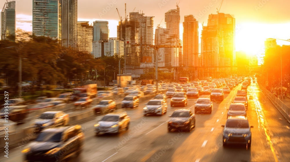 Obraz premium Urban highway traffic with skyscrapers at sunset golden hour
