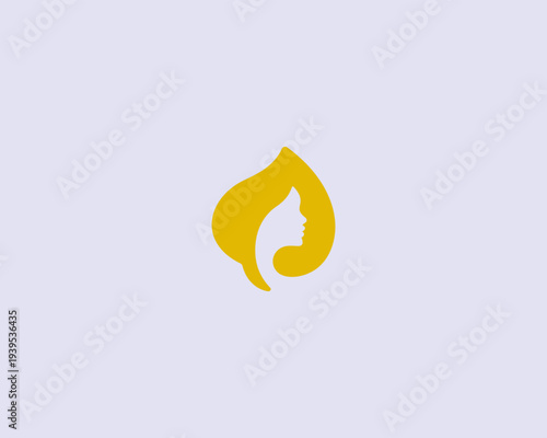 Woman profile inside leaf vector logo. Universal logotype for eco shampoo hair and cosmetics, organic skincare and wellness branding