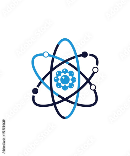 Stylized blue and dark blue atomic structure illustration with a central floral molecule design element
