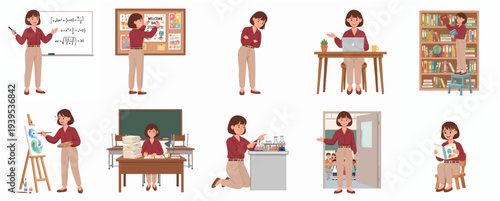 Cartoon Diverse Woman Teacher Character in Different School Environment Set Illustration