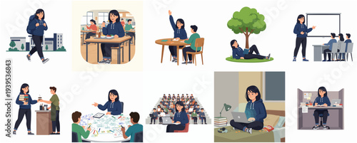 Cartoon Style Diverse Scene of Student Life and Education Illustration Set