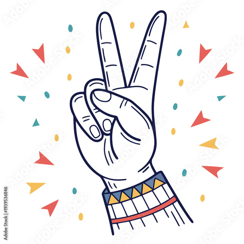 A gesture of peace and joy is made with a hand, adorned with decorative elements, conveys a sense of unity and positivity.