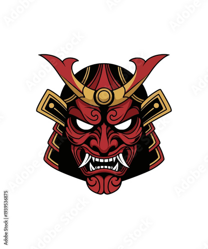 Fierce red and black traditional japanese oni or samurai demon mask vector graphic illustration design