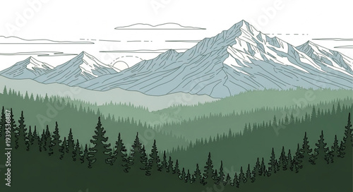 Majestic Snow-Capped Mountain Peak Surrounded by Forest.