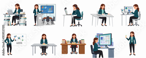 Cartoon Professional Businesswoman Character with Different Poses and Scenes Illustration