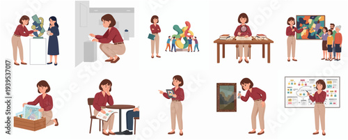 Flat Illustration Woman Working in Museum with Different Activities Set