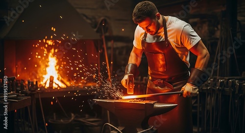 A blacksmith forges metal on an anvil with hammer and fire. Sparks and flames