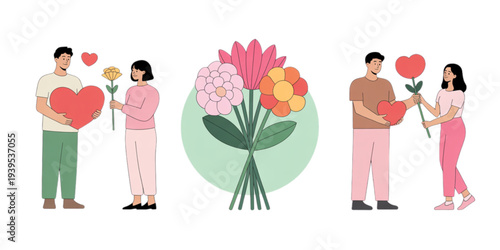 A colorful illustration of couples exchanging flowers and hearts on transparent background