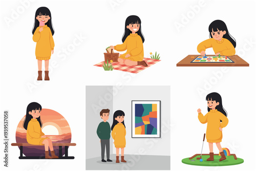 Cartoon Style Girl in Yellow Dress Engaged in Various Activities Illustration Set