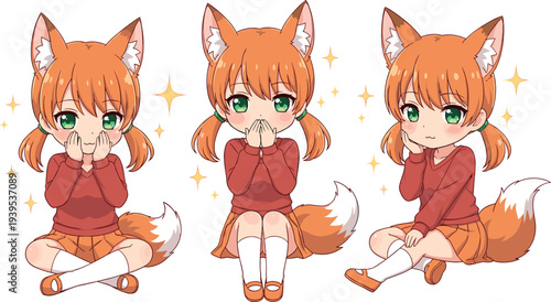 Cute anime fox girl character vector set kawaii chibi style fantasy animal ears tail illustration