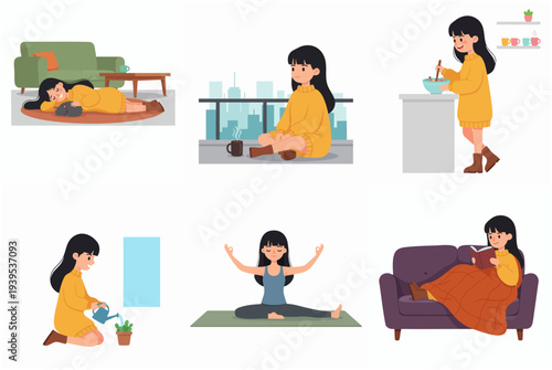 Flat Illustration Woman Daily Activity Routine Lifestyle Illustration Set