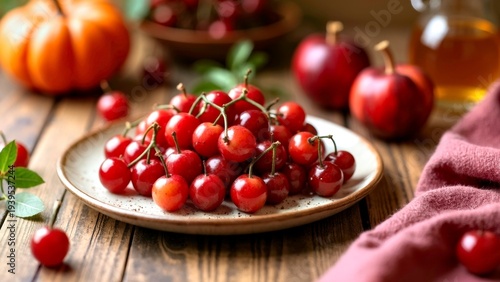 Red fruits and pumpkins on red cloth