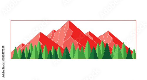 Vibrant Red Mountain Range Silhouette Over Green Pine Forest