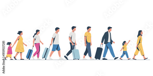 A diverse group of people walking together in a line with luggage on transparent background