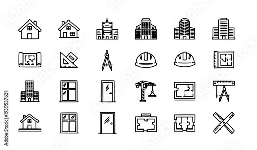 Building and architecture outline icon set with house construction and design linear symbols editable stroke