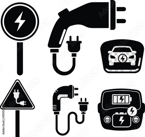 Essential vector icon collection illustrating electric vehicle charging stations, energy supply, and related infrastructure symbols for sustainable transport
