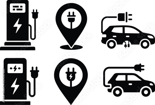 Vector icon set showcasing electric vehicle charging solutions, with symbols for stations, car charging, and location pins, promoting sustainable transport infrastructure
