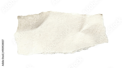 Torn white paper strip with rough edges isolated on white background, natural textured ripped sheet fragment for collage, mockup, packaging, and design