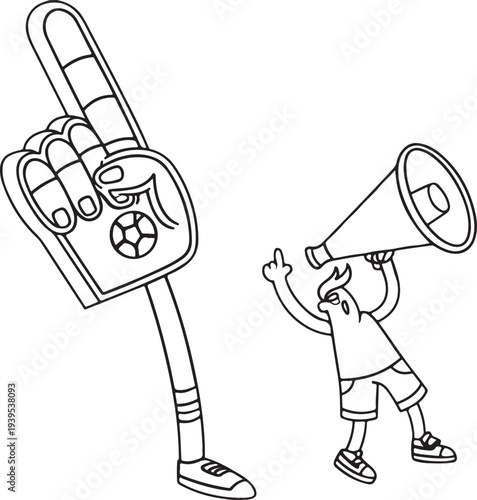 Energetic fan, celebrating with enthusiasm using a foam finger and megaphone, exuding vibrant sports spirit.