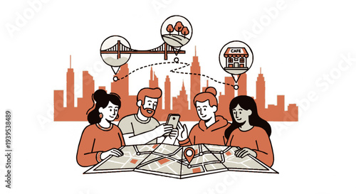 Four friends plan trip with map and smartphone in city