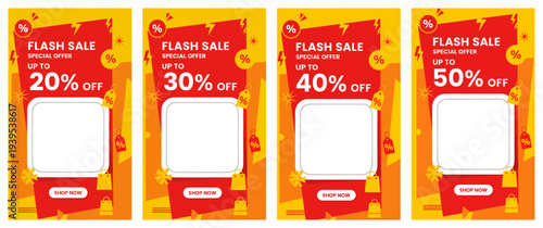 Four promotional banners with varying discount offers displayed together on a vibrant background