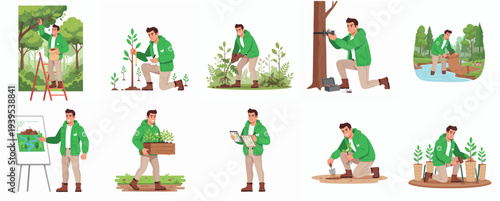 Flat Illustration Set of Forest Ranger Activities in Diverse Natural Locations