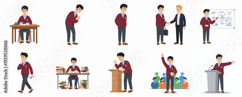 Diverse Poses of High School Student in Various Activities Character