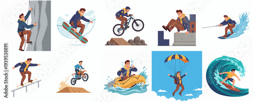 Dynamic Flat Style Extreme Sport Activities Illustration Set Collection