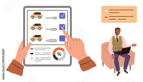 Vehicle shopping, consulting services, decision-making, car comparison, client preferences, dealership processes. Hands completing a car checklist and a consultant with a laptop. Vehicle shopping