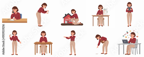 Flat Style Set of Woman in Different Daily Life Activity Poses