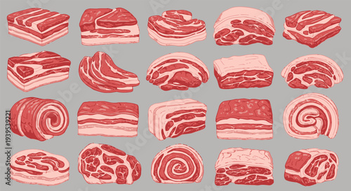 Assorted raw meat cuts on gray background.