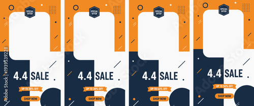 Sale advertisement cards arranged side by side with orange and blue design elements