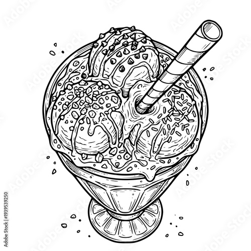 Delicious Ice Cream Sundae with Chocolate Sauce and Wafer Straw – Sweet Dessert Treat Line Art Illustration