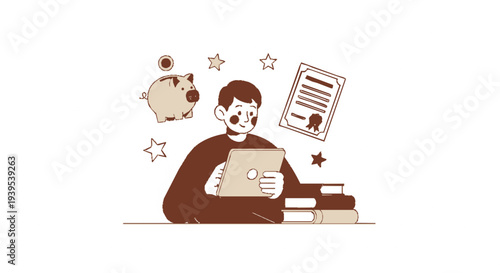 Man studying with books piggy bank and certificate symbolizing education and financial planning