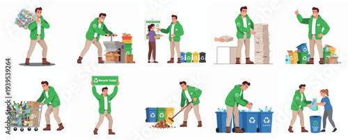 Flat Illustration of Man Sorting and Processing Recyclable Waste Material Collection
