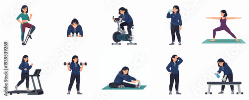 Flat Style Woman Doing Various Fitness Exercise Activity Illustration Set
