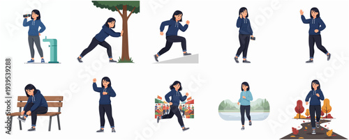 Flat Illustration Active Woman Doing Different Exercises in Varied Environment Scene